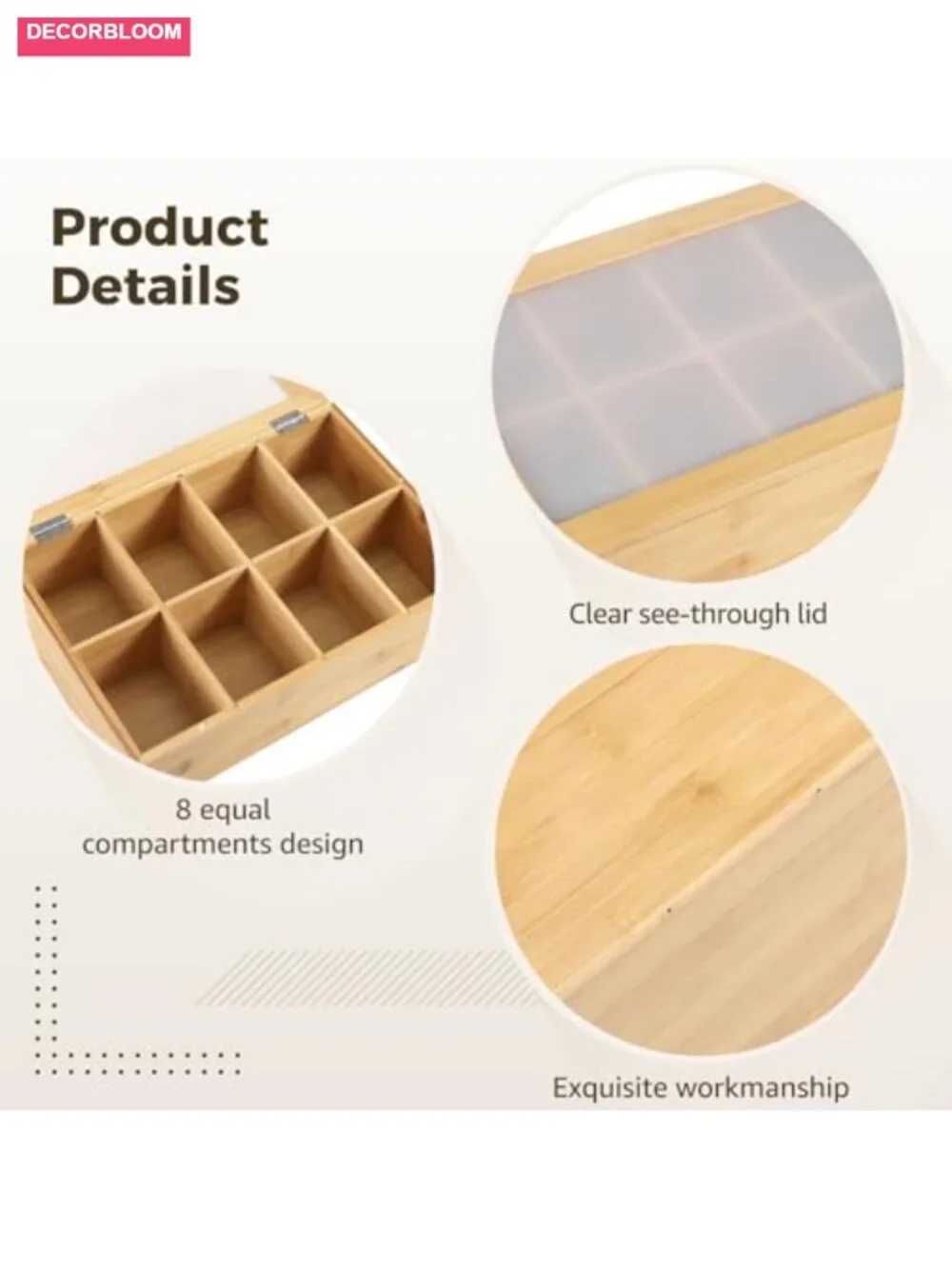 Wooden Tea Bag Organizer with Clear Lid, 8 Compartments Storage Box